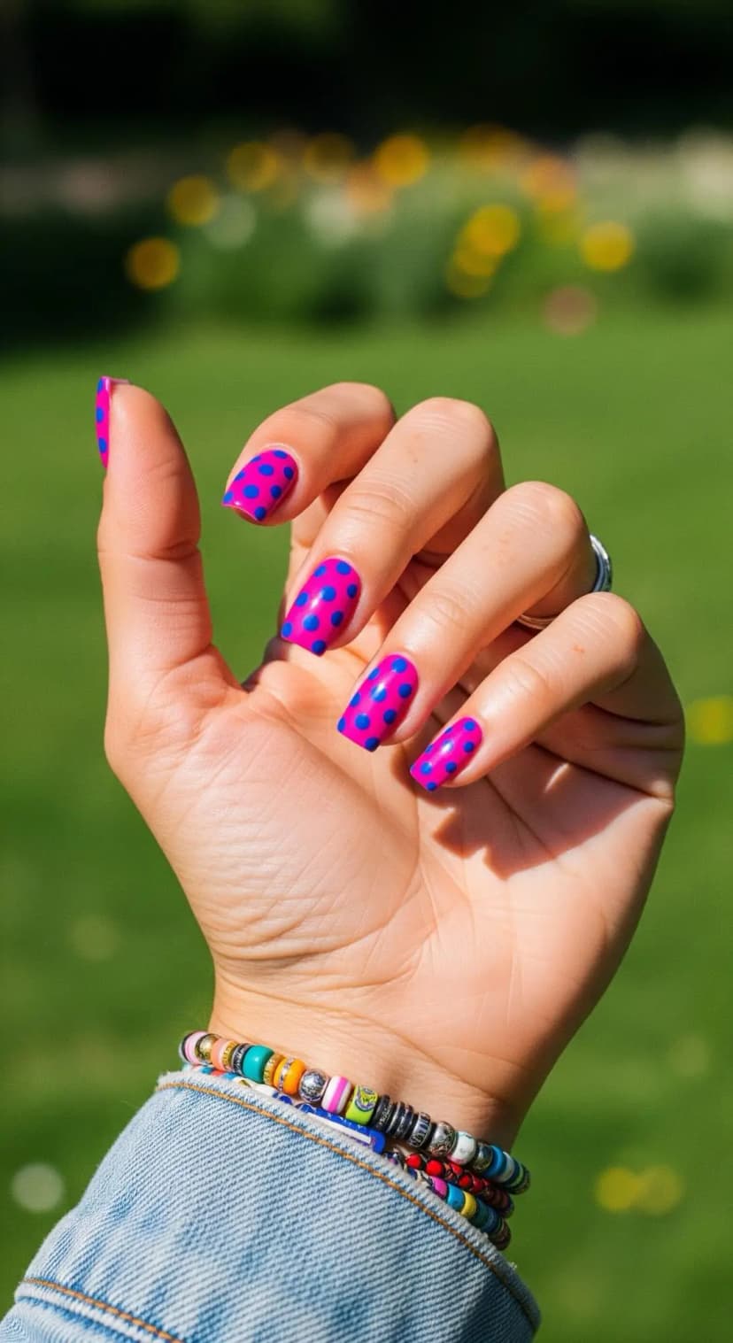 Hot Pink & Royal Blue Polka Dot Nails