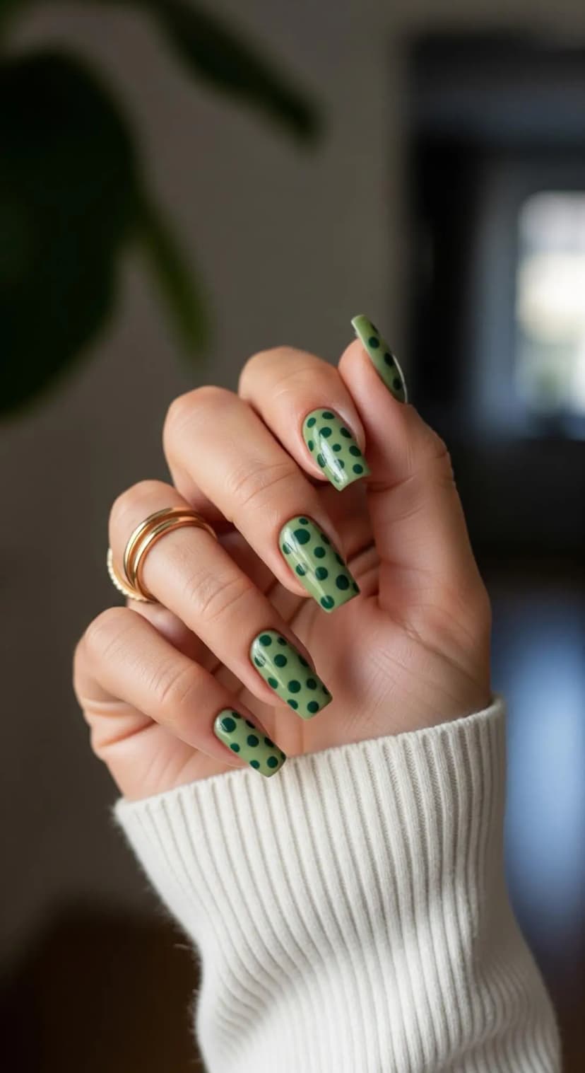 Olive Green Polka Dot Nails