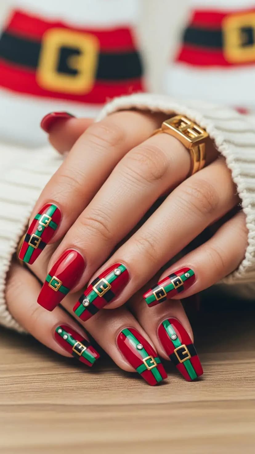 Santa Suit & Belt Buckle Nail Art
