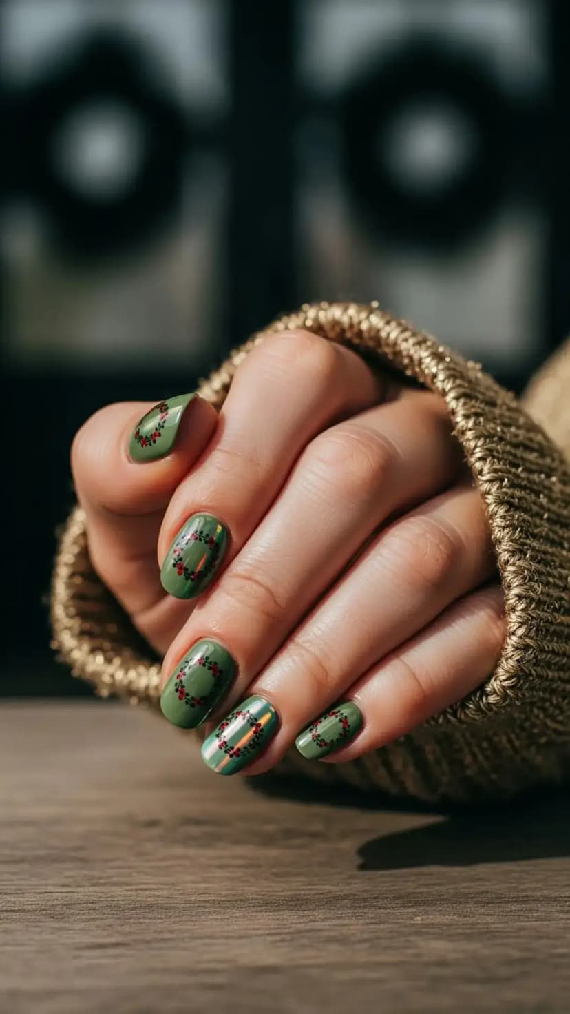 Shimmering Green Wreaths on Olive Nails