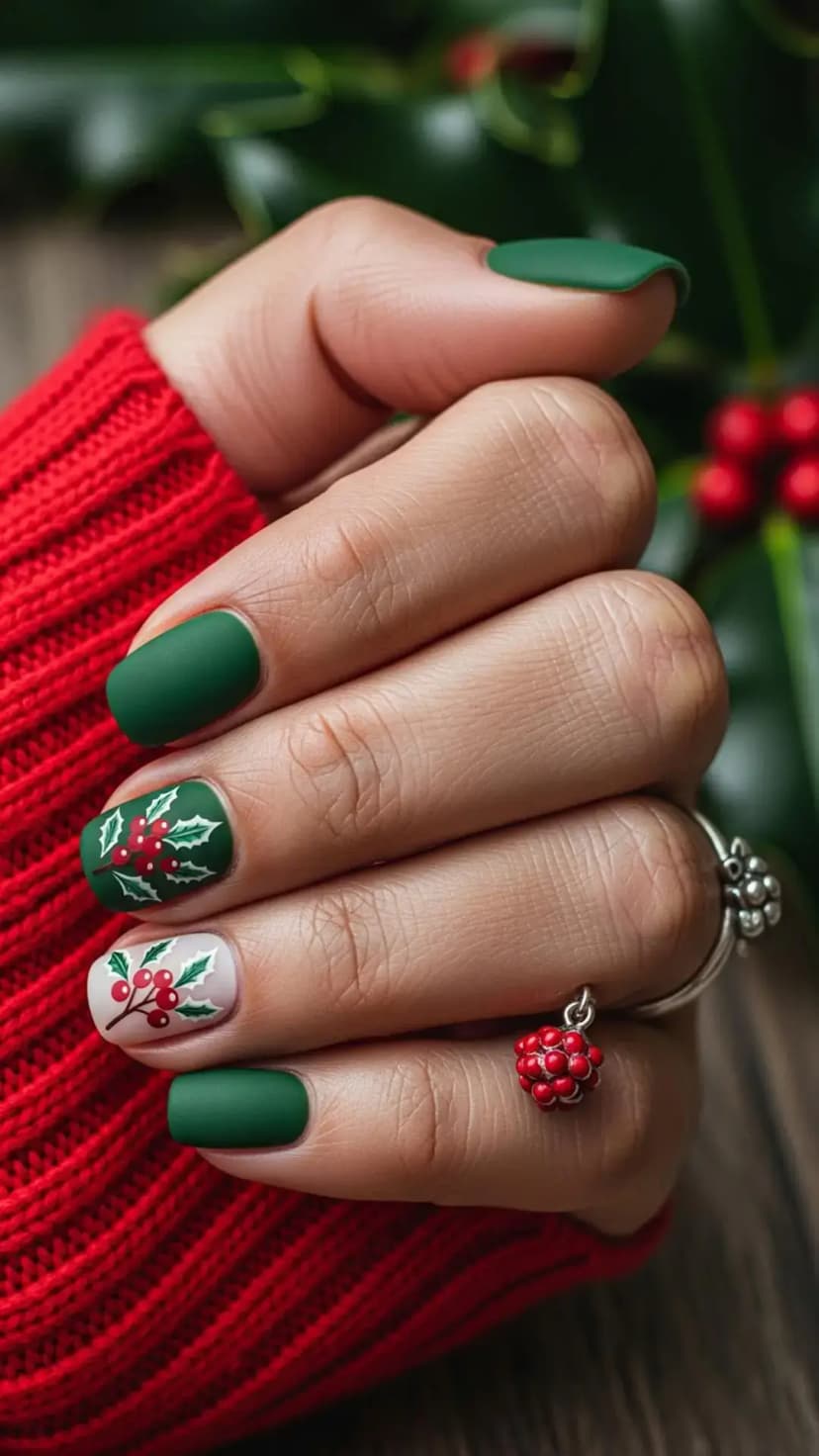 Deep Forest Green + Cream Holly Accent Nail