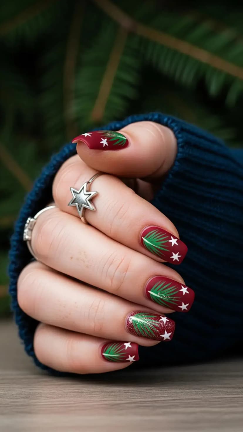 Burgundy Matte + Pine Branches & White Stars