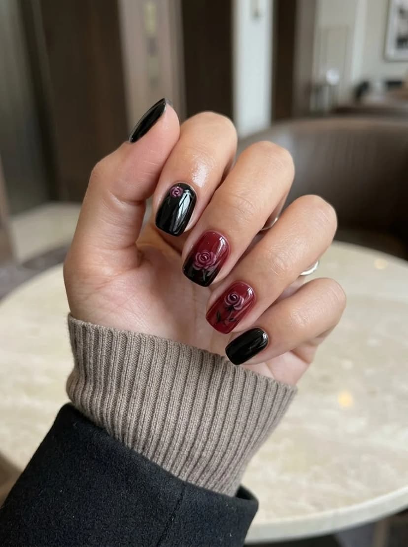 Black and Burgundy Rose Nails