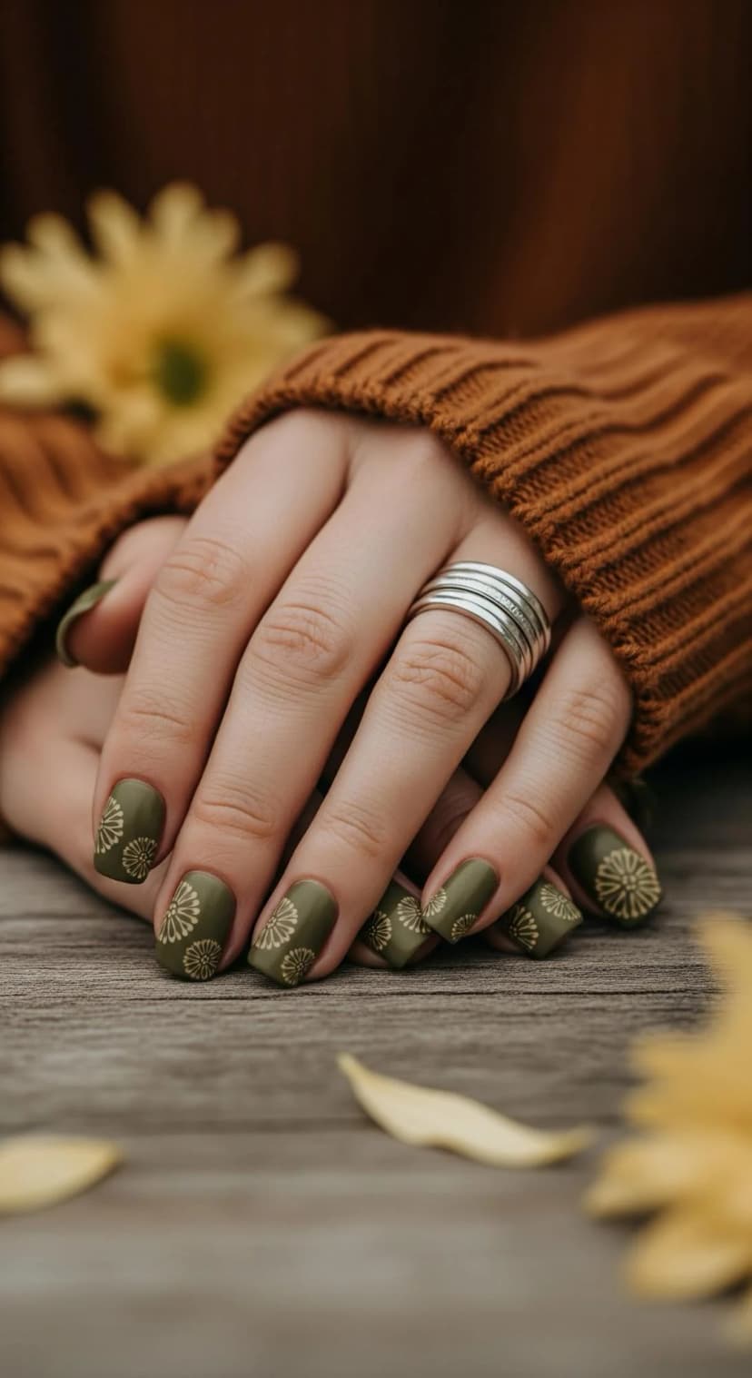 Olive Green Floral Print Nails
