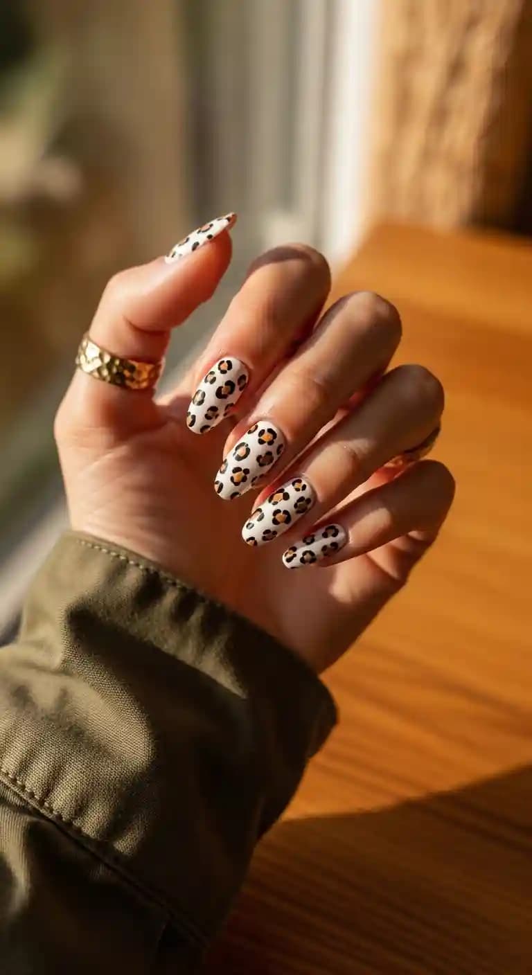 Cream and Leopard Print Almond Nails