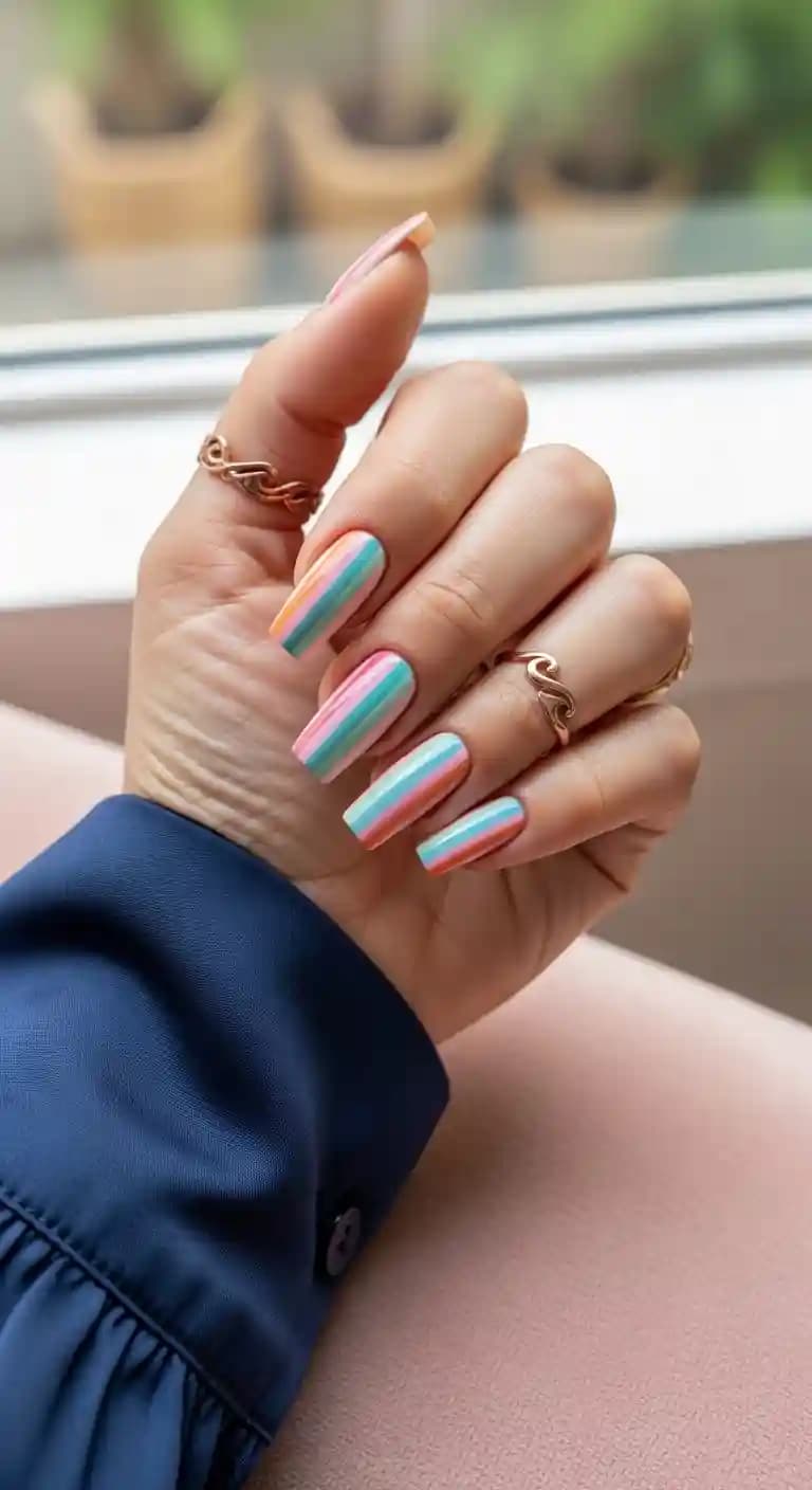 Pastel Stripe Coffin Nails