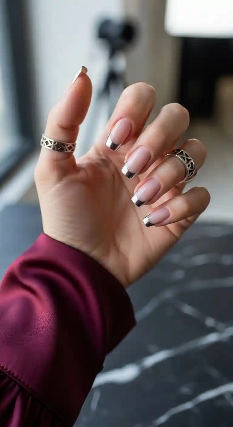 Silver French Tip Nails + Sheer Pink Base