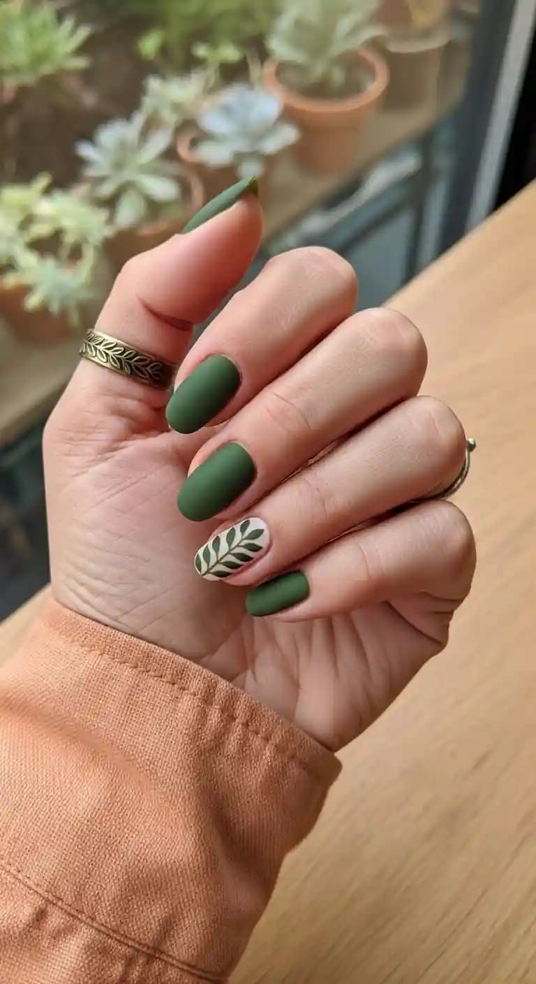 Forest Green Matte Nails + Leaf Accent