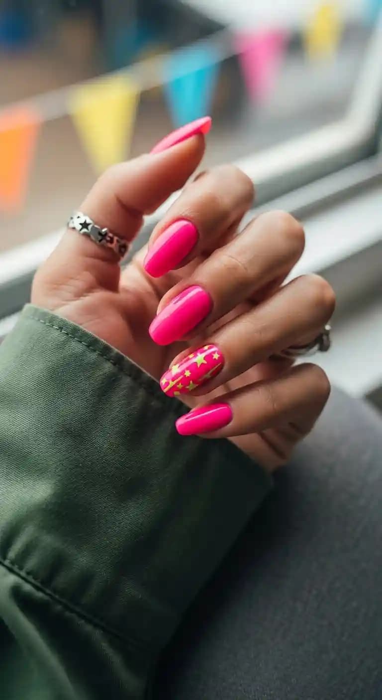 Hot Pink Stiletto + Neon Green Star Accents