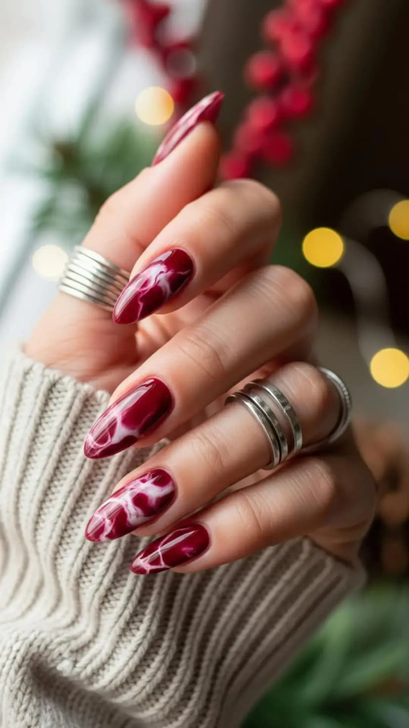 Cranberry Marble Swirl Nails