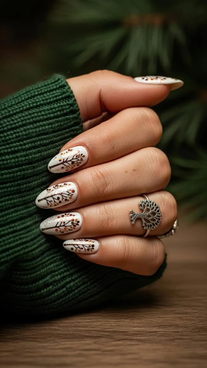 Autumn Tree Glitter Nails