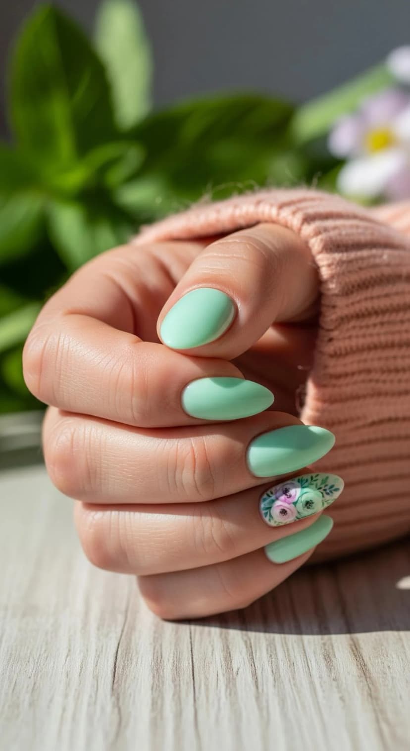 Mint Green Floral Almond Nails