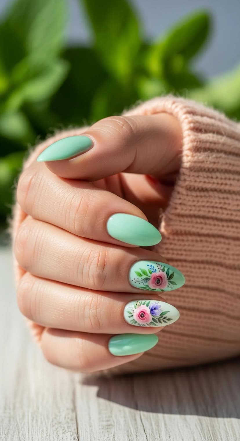 Mint Green Floral Almond Nails