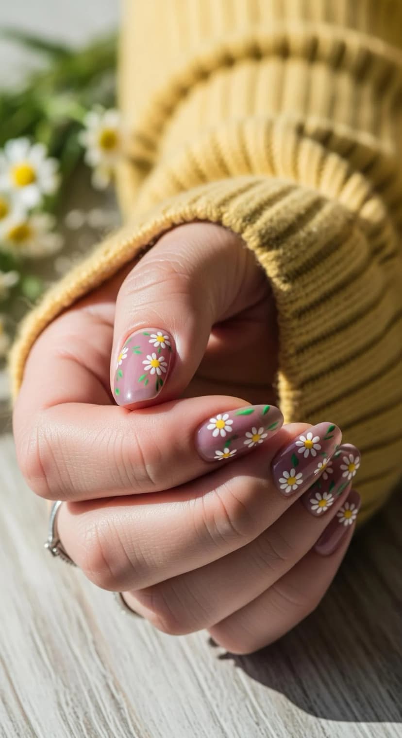 Mauve Daisy French Tip + Green Leaf Accents