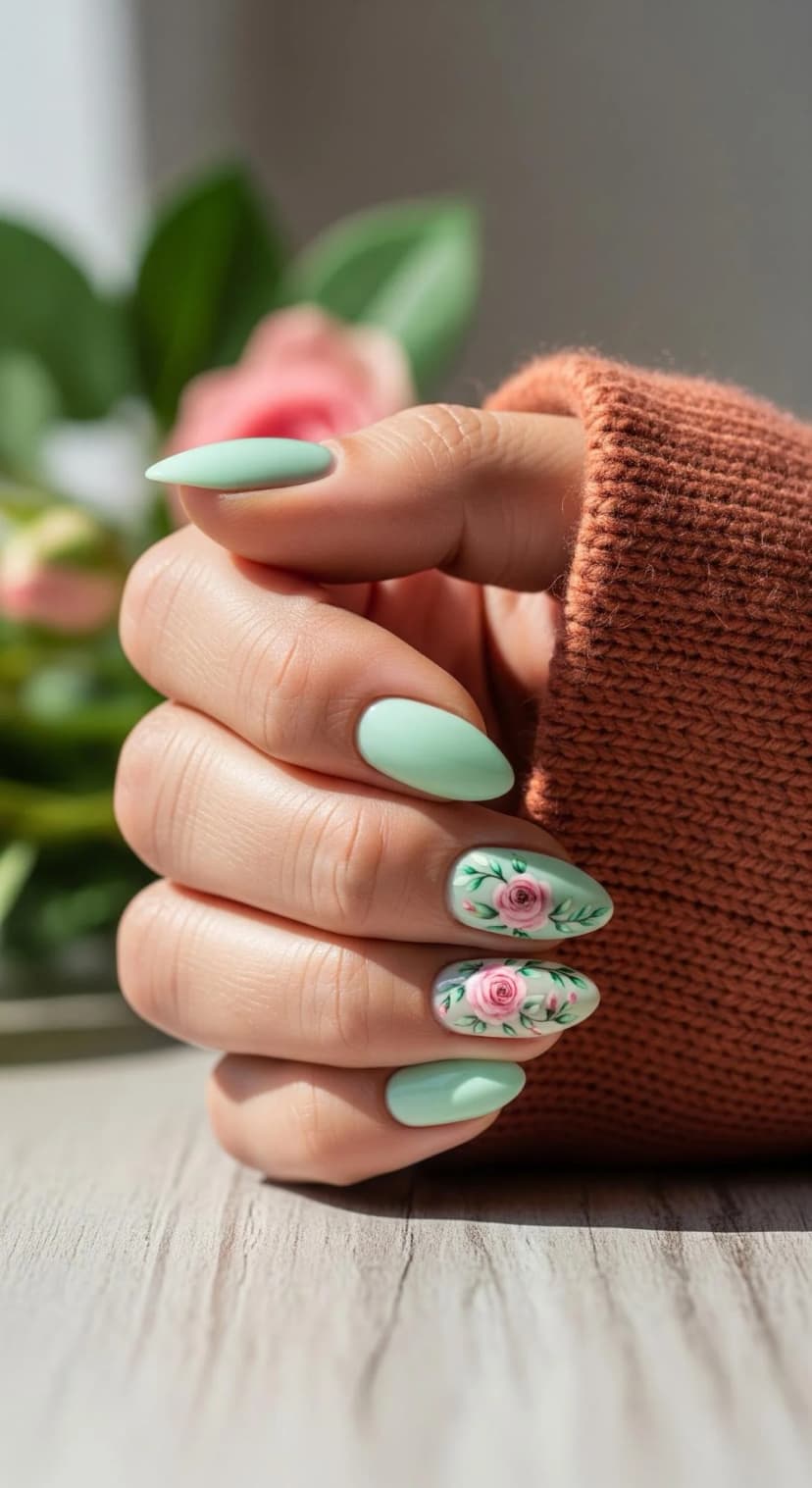 Mint Green Floral Almond Nails