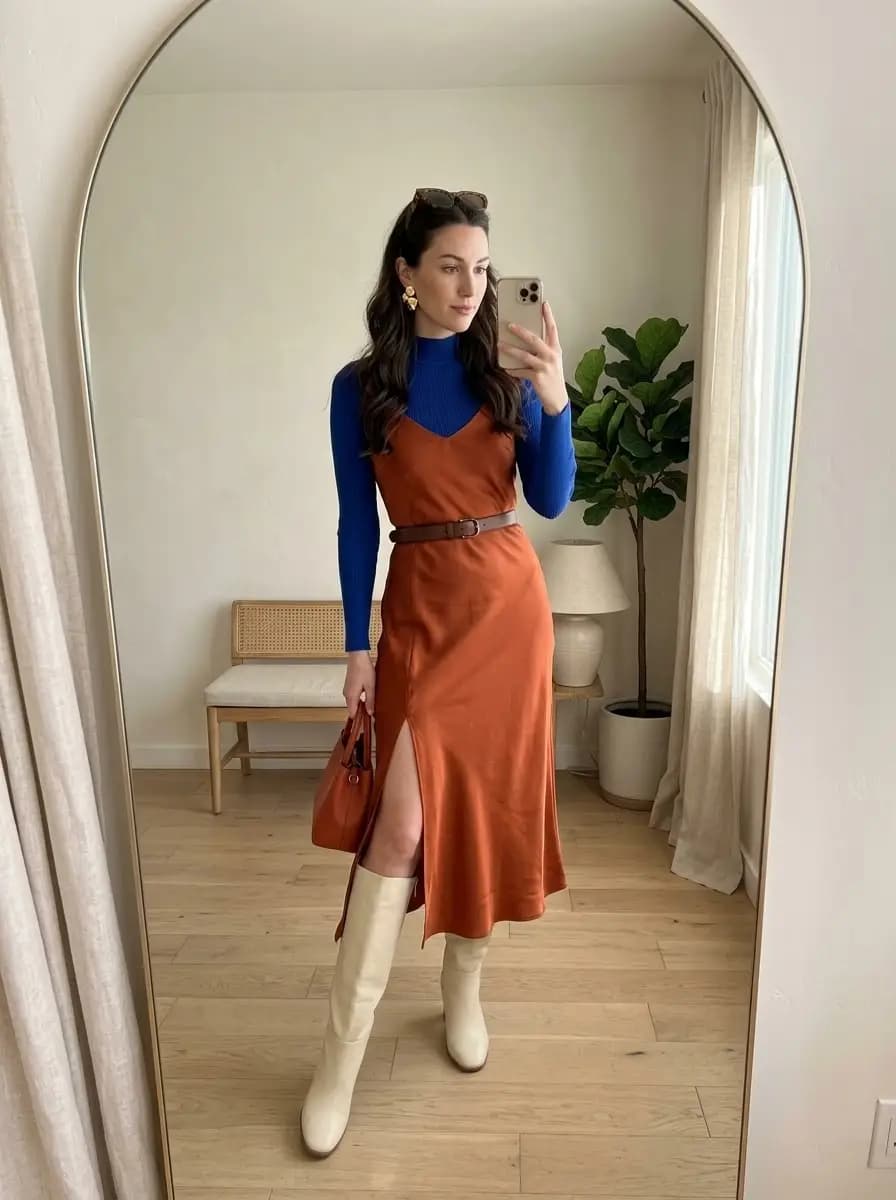 Vivid blue long sleeve top layered under rust orange satin slip dress