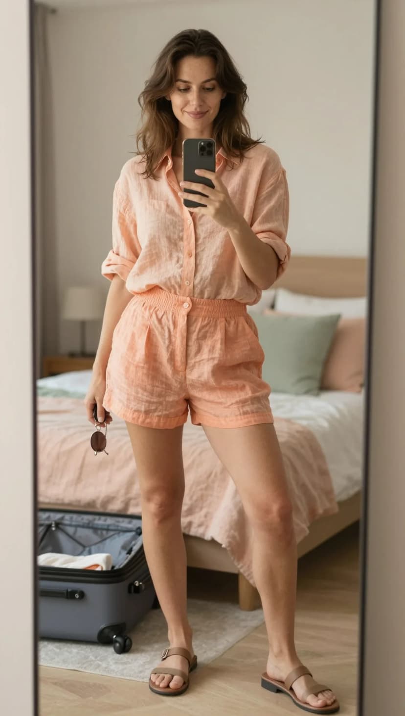 Mint Green Linen Button-Up Shirt + Peach Linen Drawstring Shorts + Brown Leather Slide Sandals