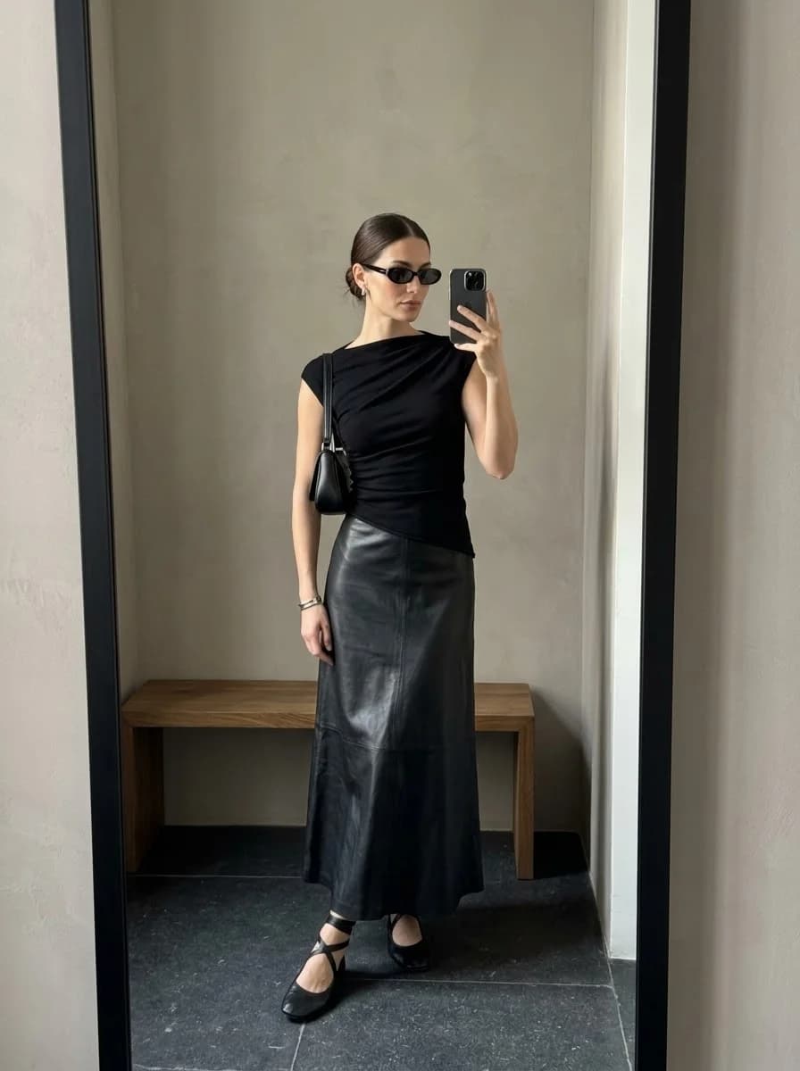 Black cap-sleeve draped top with black leather maxi skirt and strappy black flats