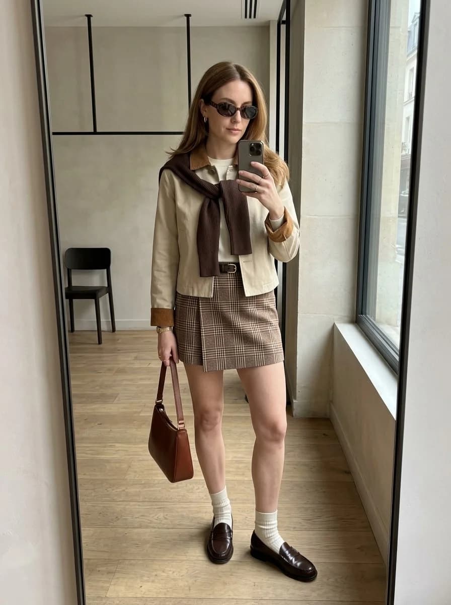 White blouse with beige jacket featuring elbow patches and brown plaid mini skirt