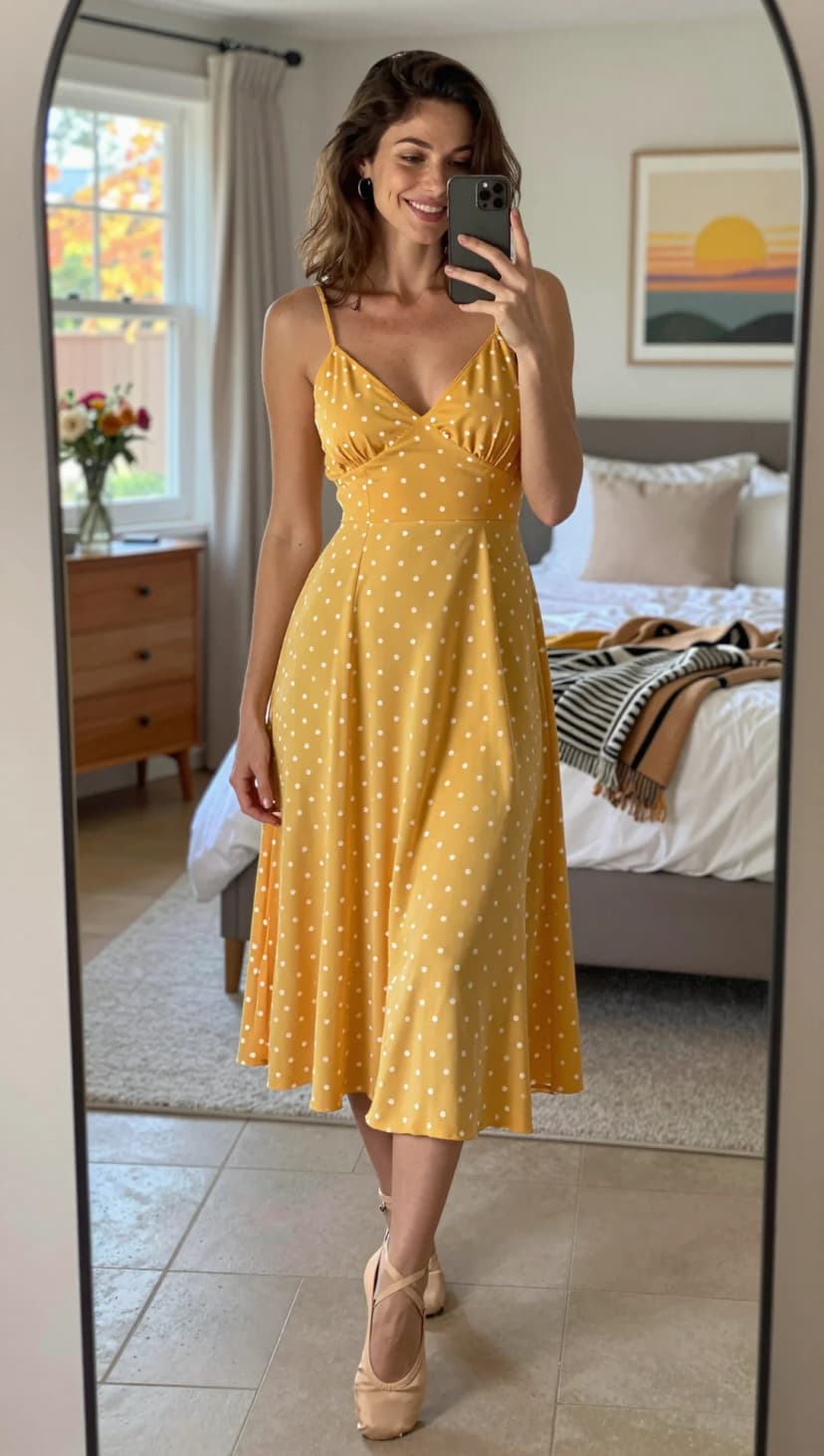 Yellow Polka Dot Midi Dress + Beige Ballet Flats