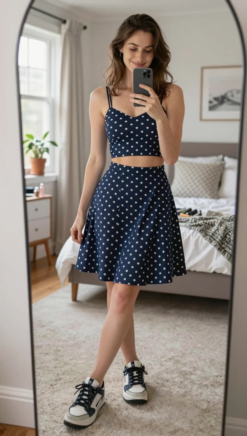 Navy Polka Dot Cotton Crop Top + Navy Polka Dot Cotton A-Line Skirt + White and Grey Leather Sneakers