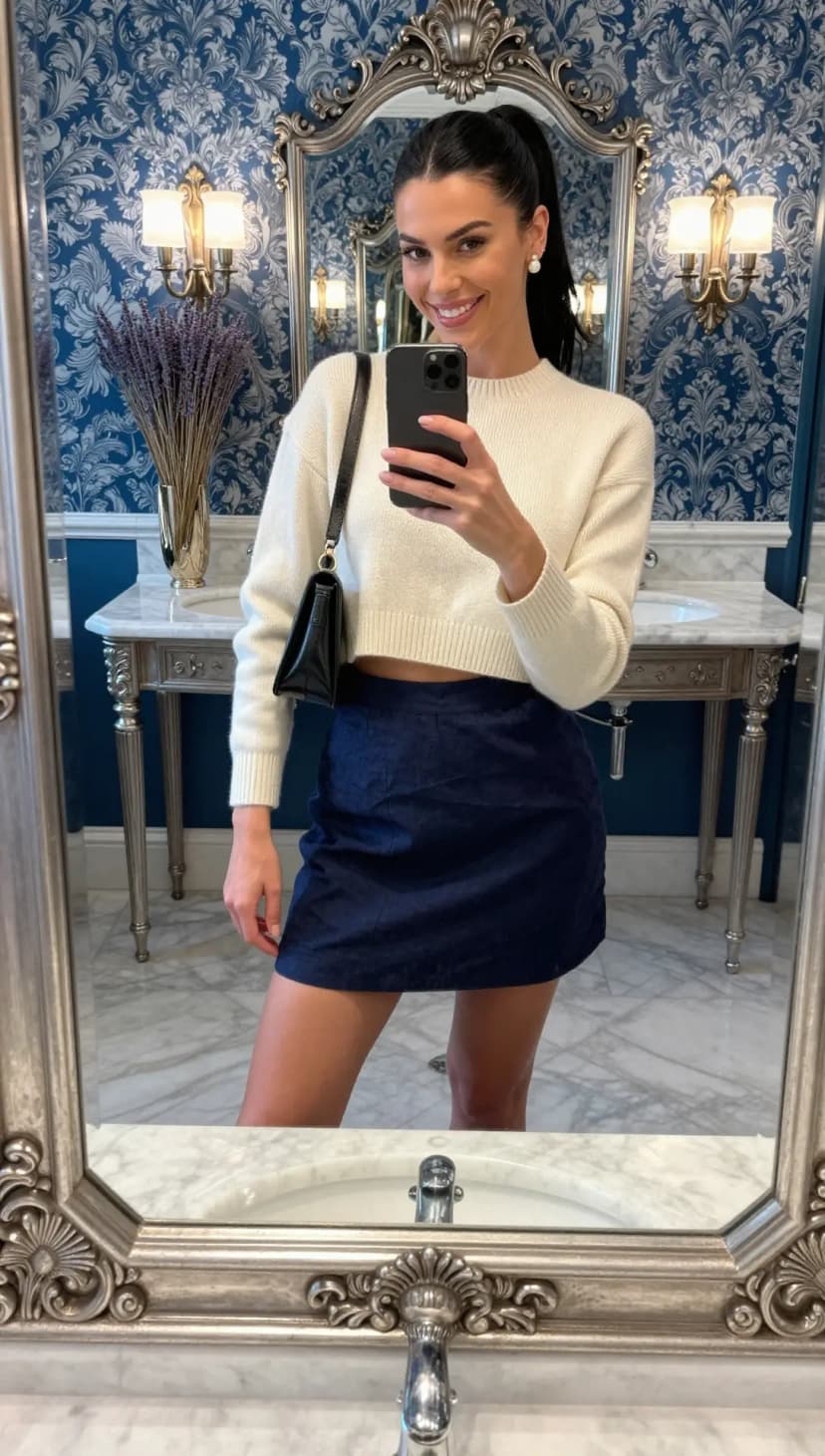 Cream Knit Sweater + Navy Denim Mini Skirt