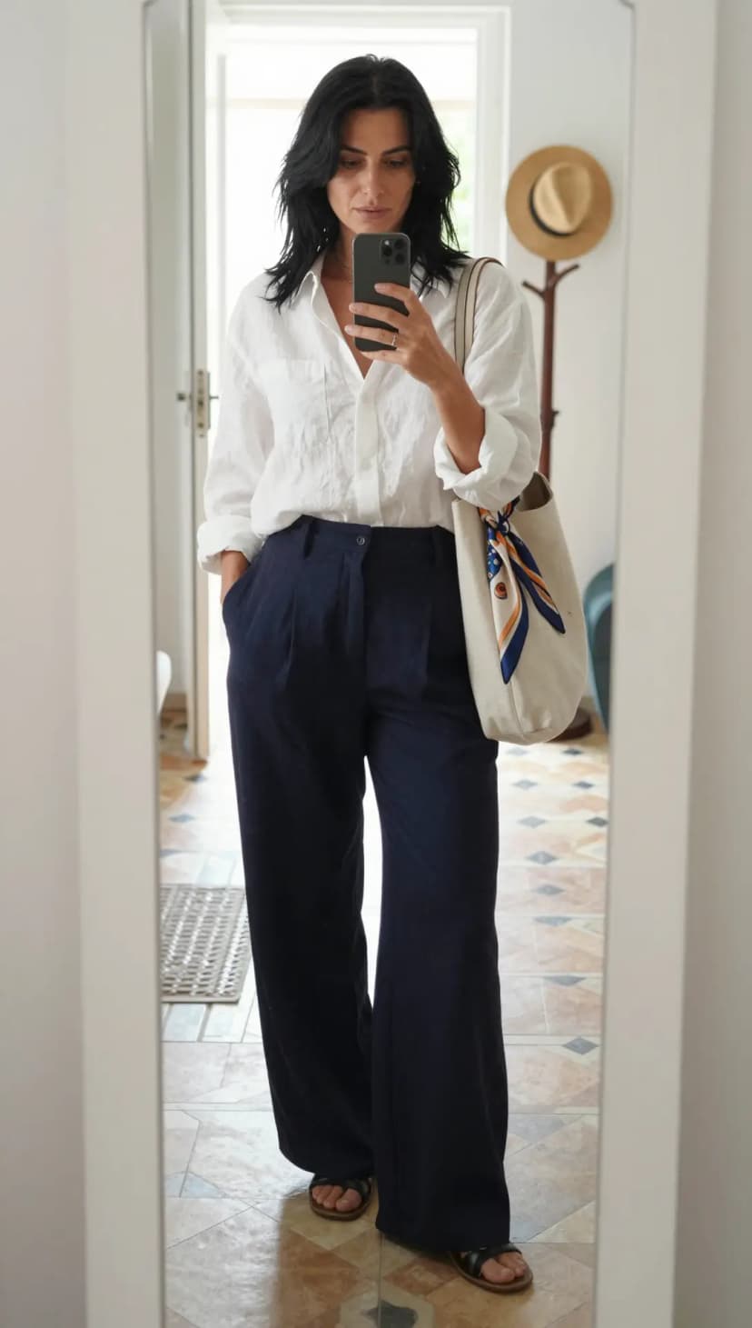 White Linen Shirt + Navy Linen Trousers