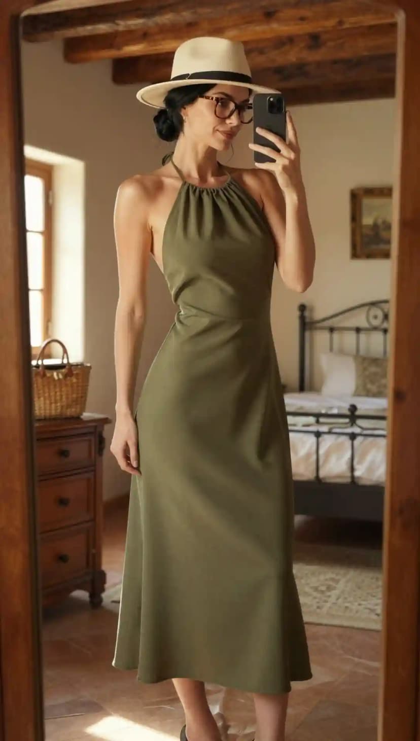 Olive Crepe Halter Dress + Beige Straw Hat