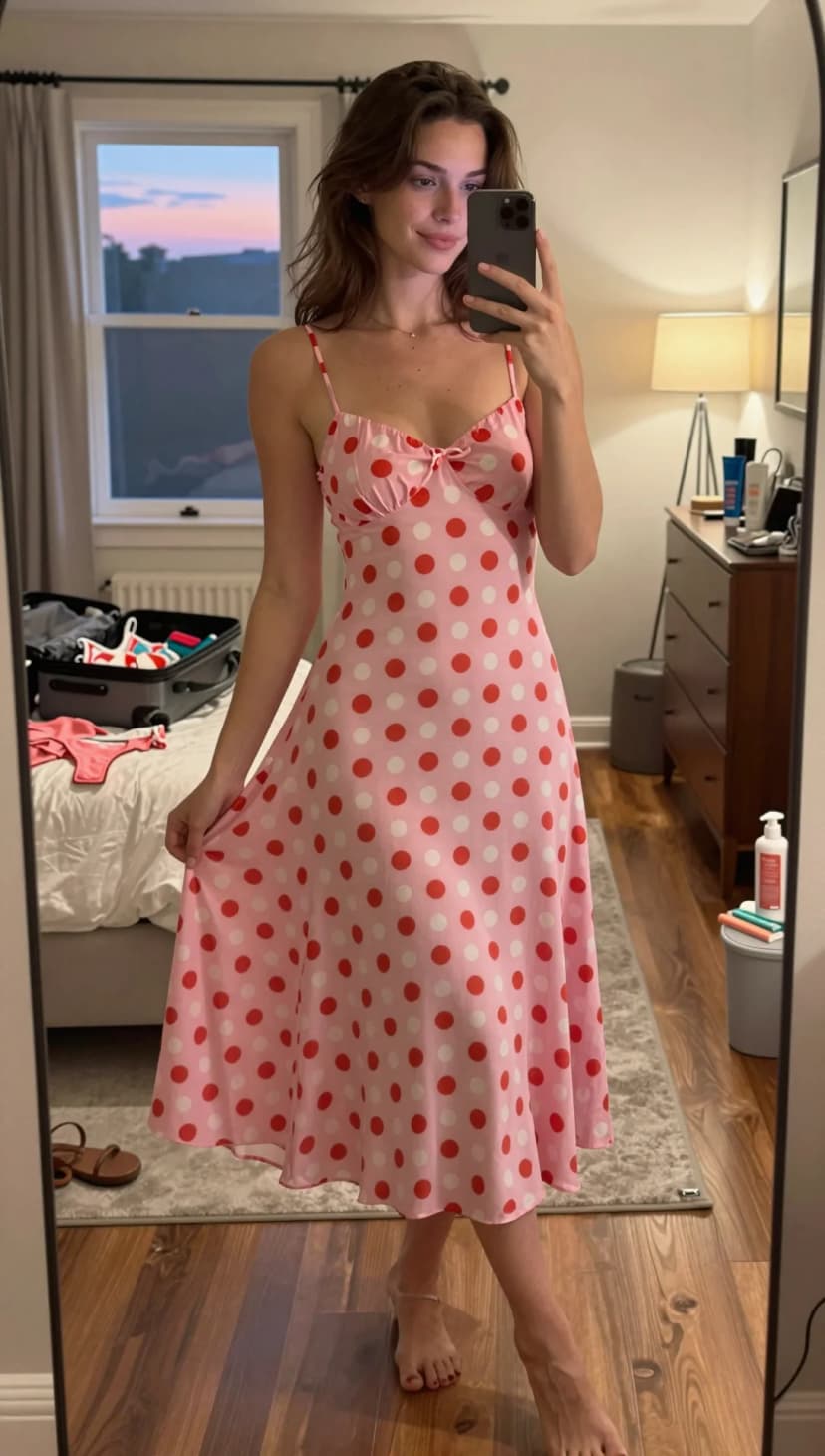 Pink Polka Dot Satin Slip Dress