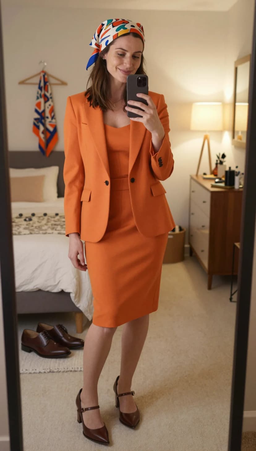 Orange Blazer + Orange Pencil Skirt + White Tank Top + Colorful Scarf