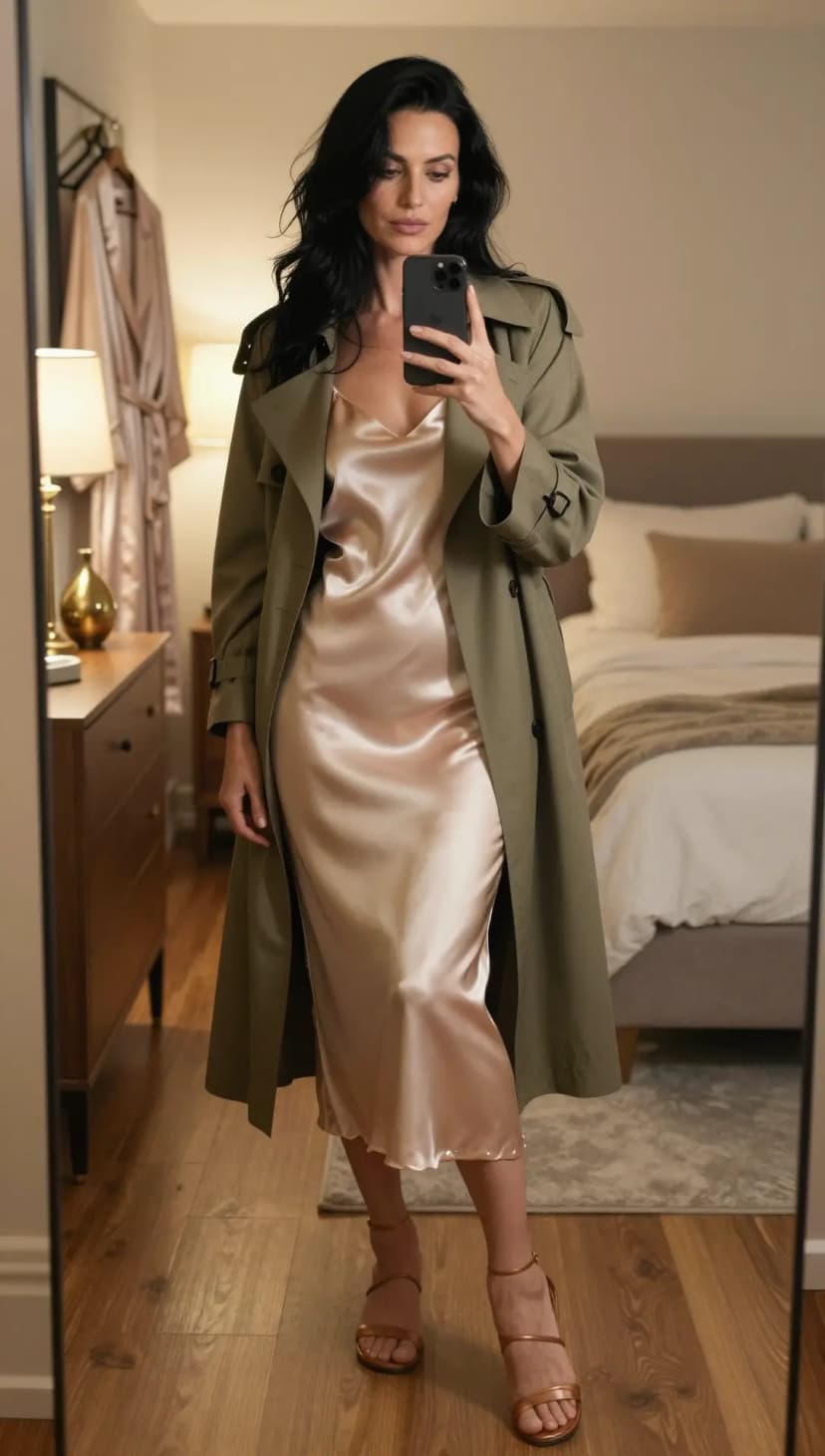 Gold Satin Slip Dress + Charcoal Wool Blazer + Black Strappy Heels