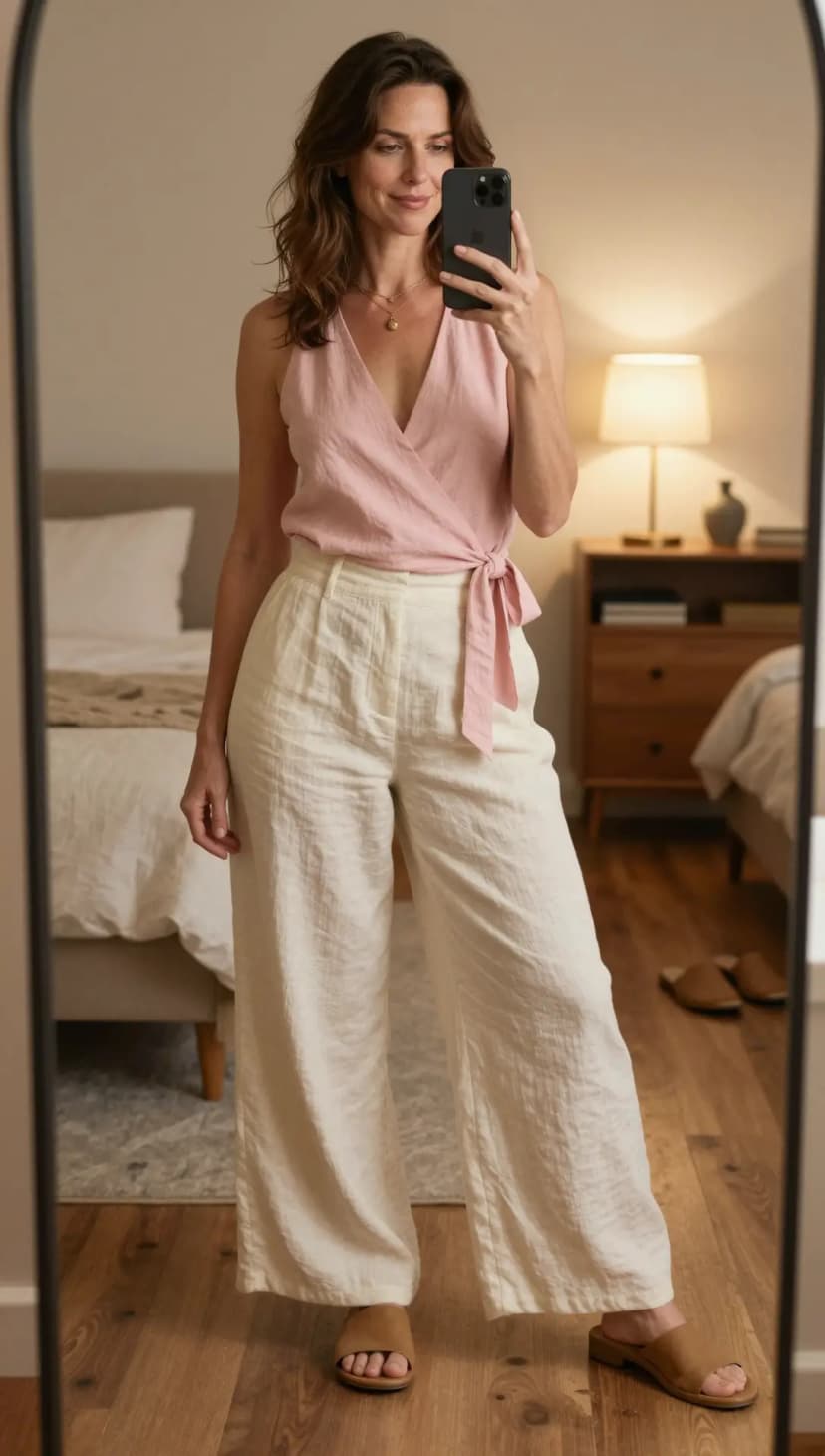 Pink Linen Wrap Top + Cream Linen Wide-Leg Trousers + Brown Suede Mules