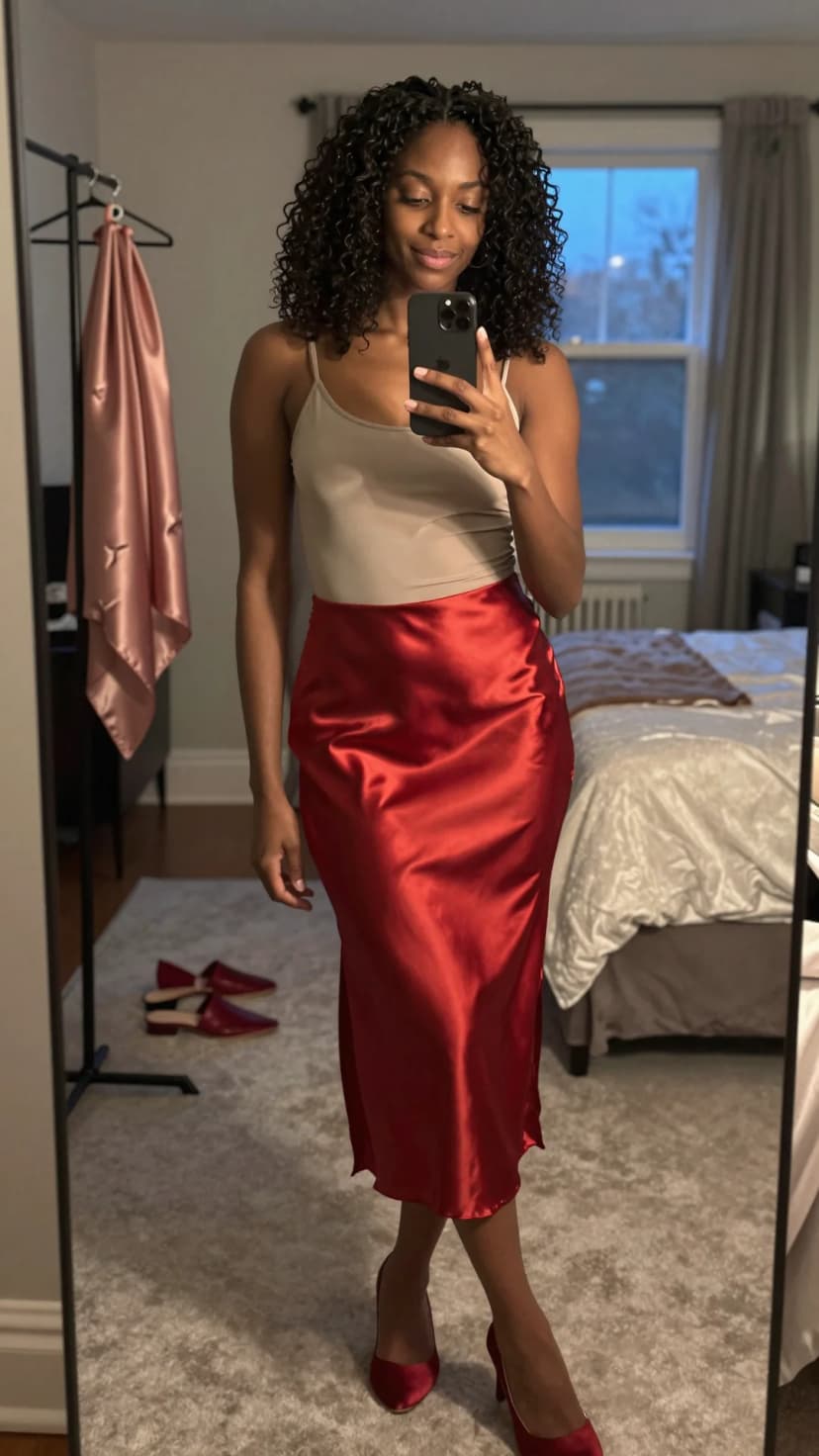 Beige Ribbed Tank Top + Red Satin Midi Skirt + Black Strappy Sandals - Variation