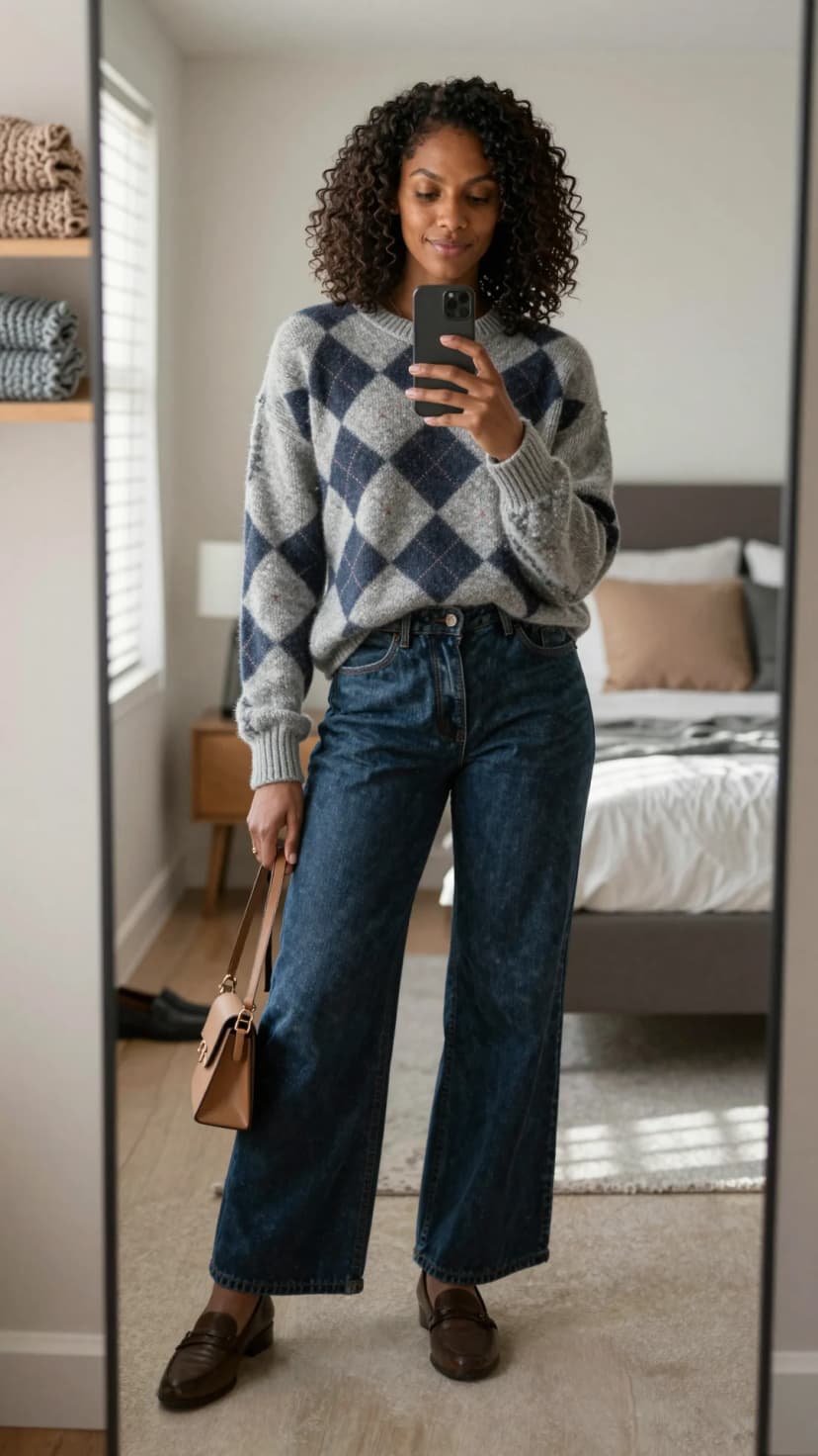 Cream Argyle Sweater + Dark Wash Wide Leg Jeans + Brown Block Heels