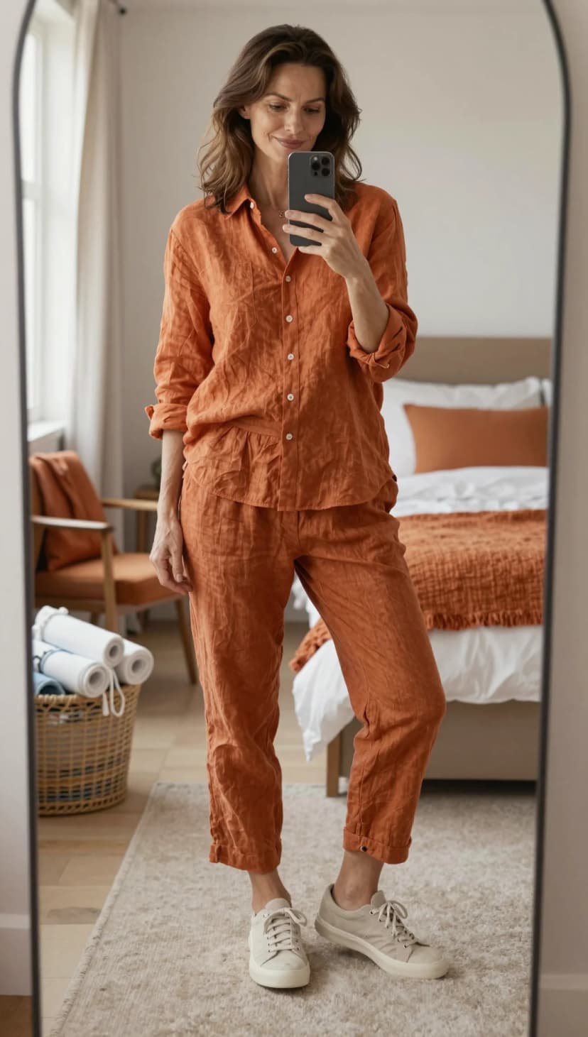 Yellow Textured Cotton Shirt + Yellow Textured Cotton Trousers + White Leather Sneakers