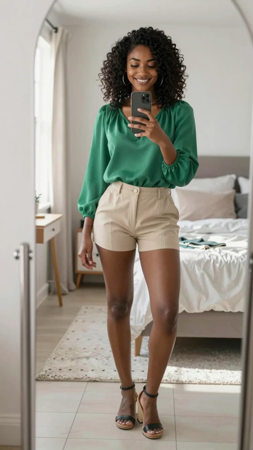 Sage Green Puff Sleeve Blouse + Beige Tailored Shorts + Tan Heeled Sandals