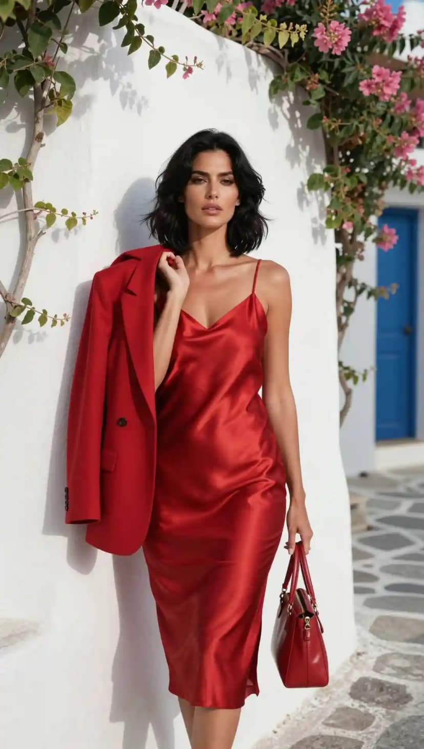 Red Satin Slip Dress + Red Wool Blazer