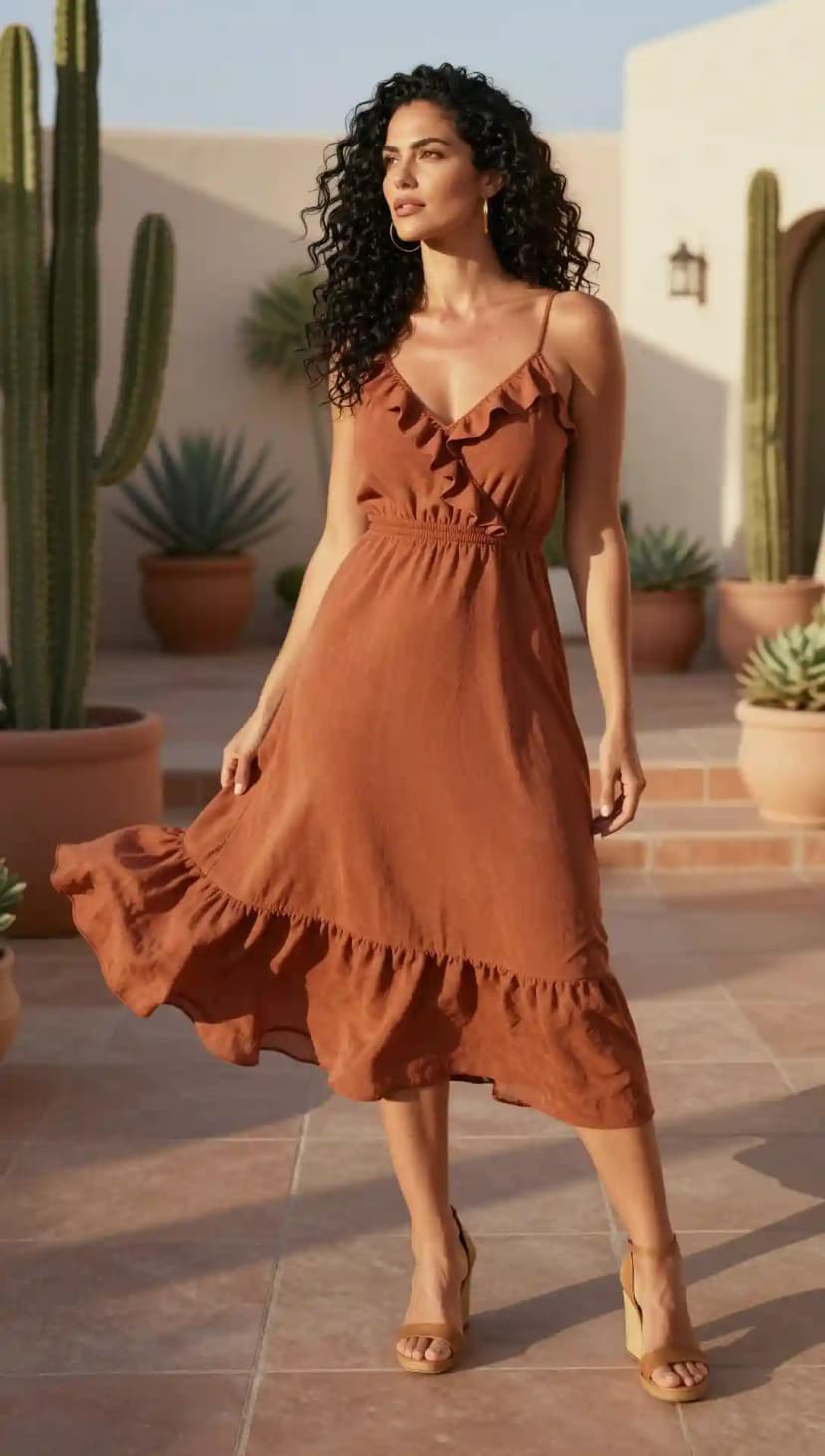 Rust Chiffon Ruffle Midi Dress