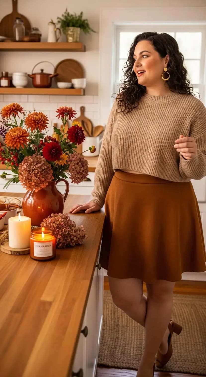 Cropped Tan Sweater + Rust Skater Skirt + Brown Heels