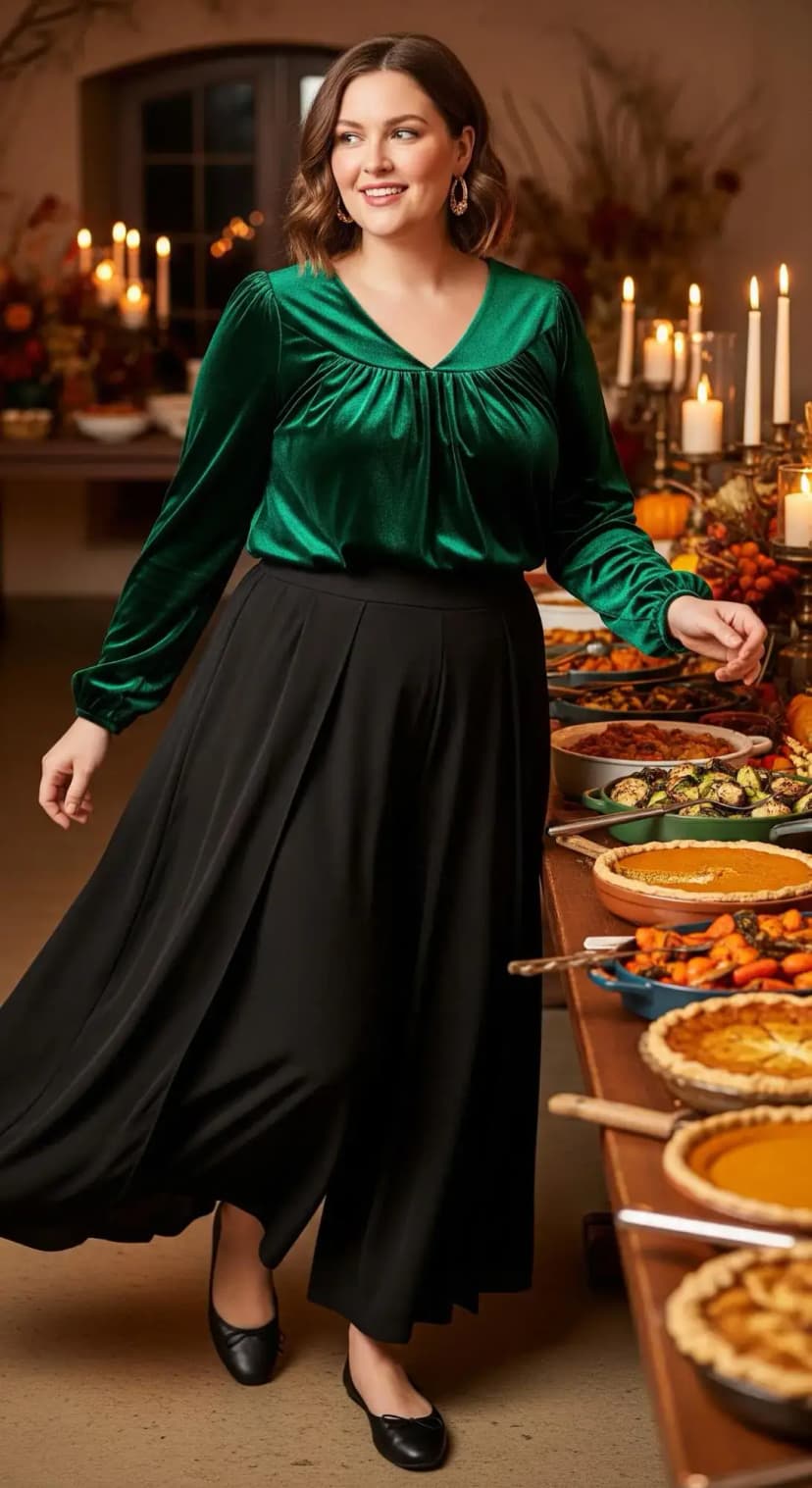 Emerald Velvet Top + Black Maxi Skirt + Black Flats