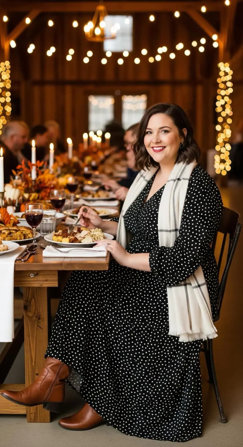 Black Polka Dot Maxi Dress + Ivory Scarf + Brown Boots