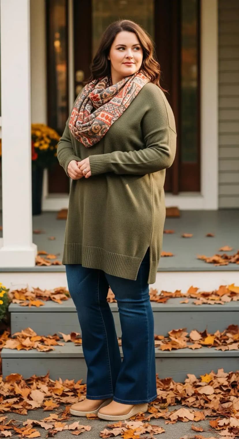 Olive Sweater Tunic + Patterned Infinity Scarf + Flared Jeans + Tan Slip-Ons