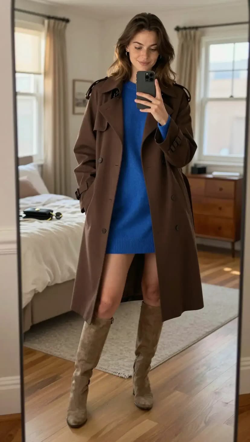 Beige Cotton Trench Coat + Royal Blue Mini Dress + Nude Heels