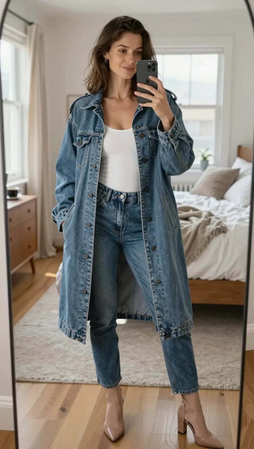 Yellow Cotton Trench Coat + White Ribbed Tank Top + Dark Wash Straight Leg Jeans + Tan Leather Loafers