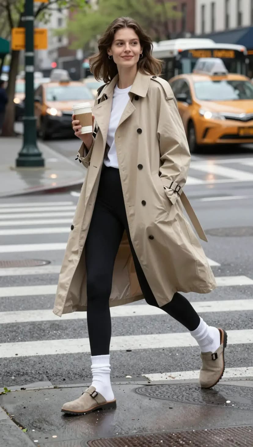 Beige Cotton Trench Coat + Black High-Waisted Leggings + Black Pointed-Toe Heels
