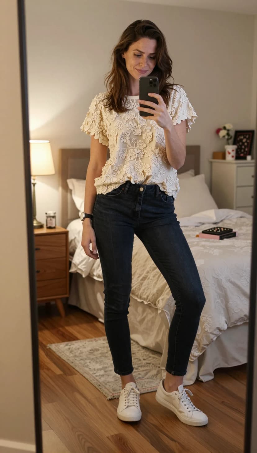 Cream Floral Lace Peplum Top + Dark Wash Skinny Jeans + White Leather Sneakers