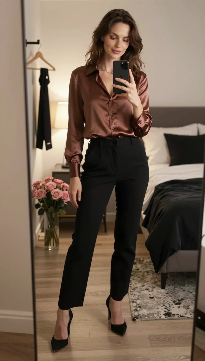 Pink Silk Button-Down + Black Tailored Trousers + Black Stiletto Heels