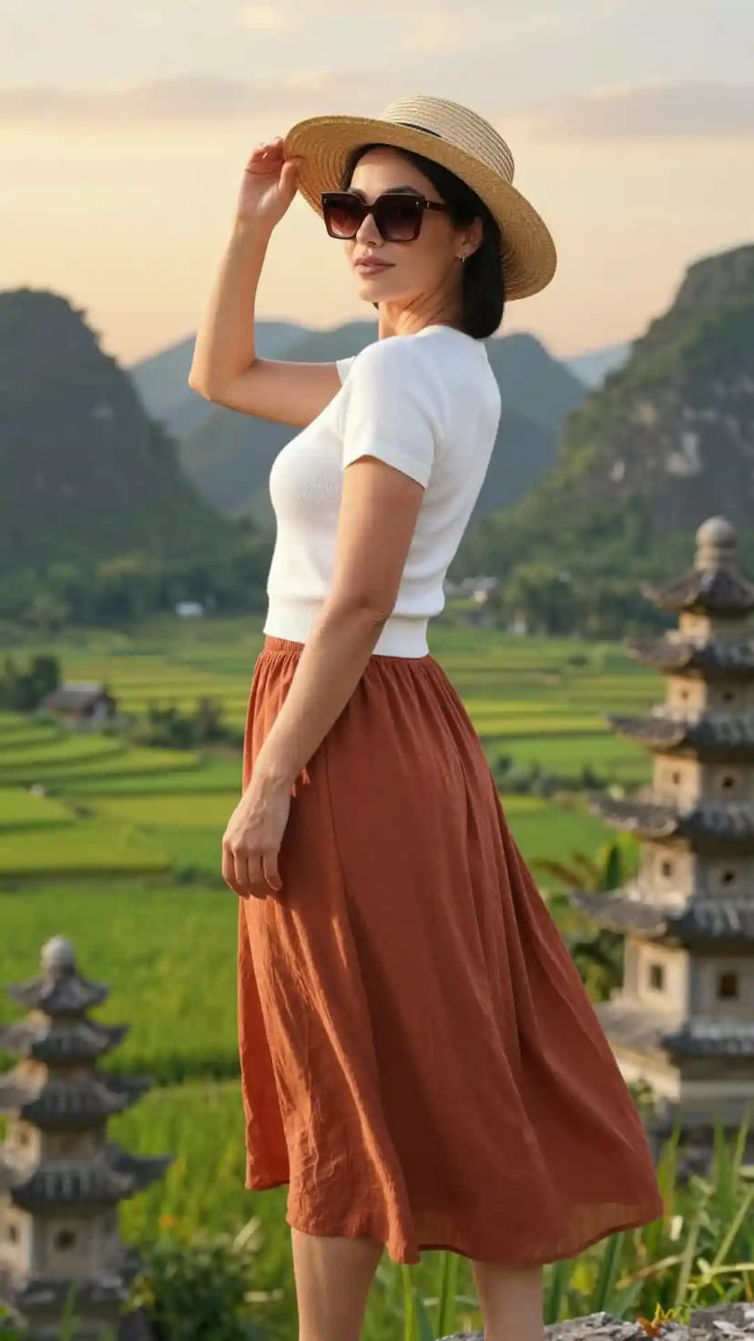 White Knit Top + Terracotta Linen Skirt
