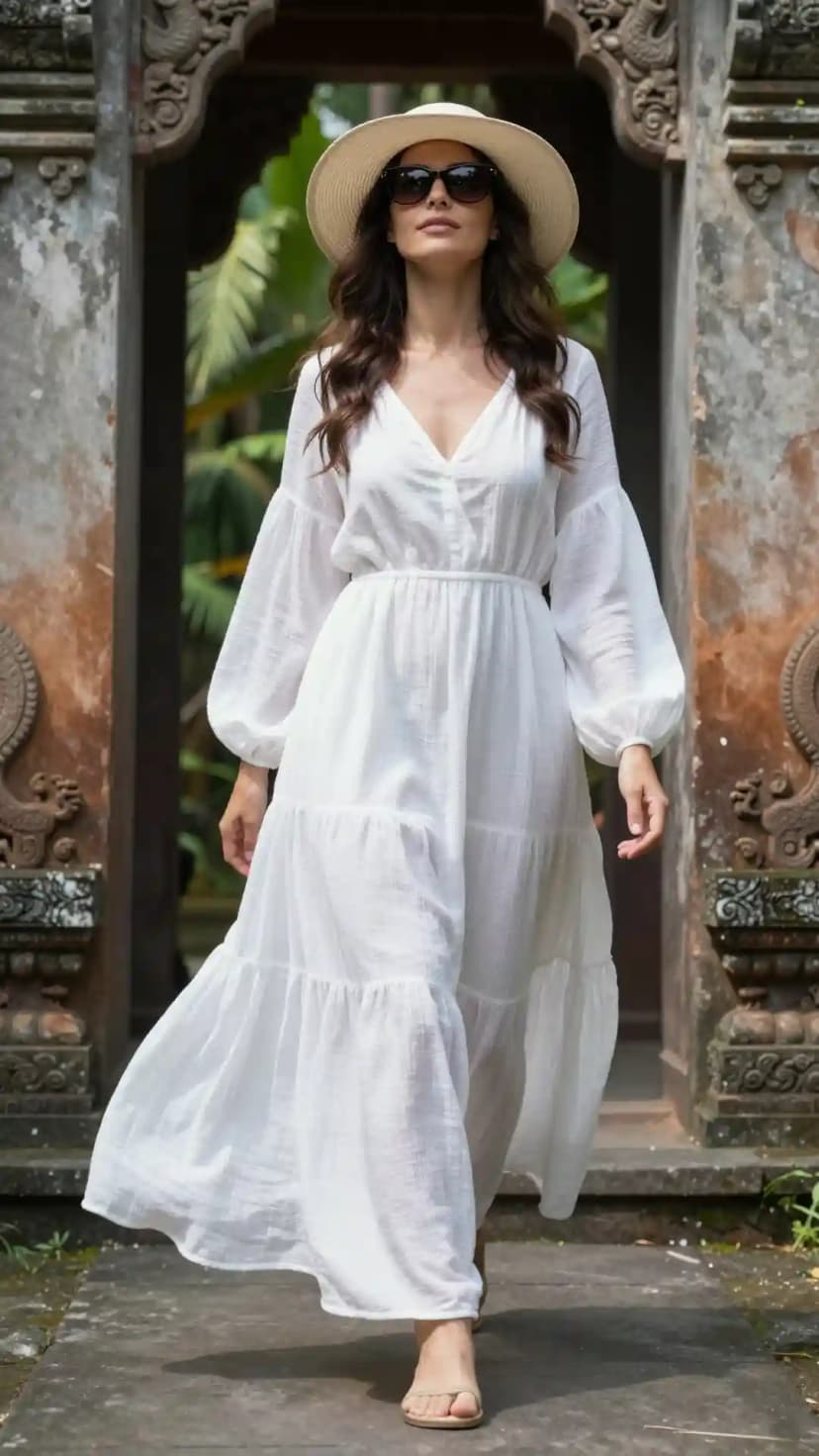 White Gauze Maxi Dress + Tan Leather Slides