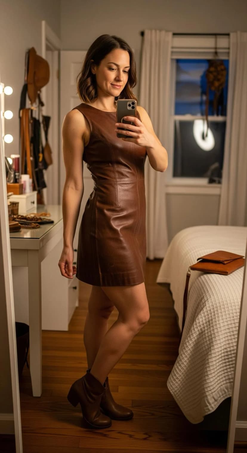 Cognac Leather Sleeveless Mini Dress + Cognac Ankle Boots